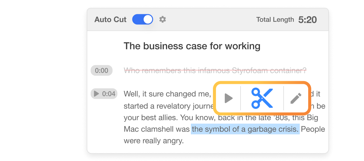 Visla text-based video editing transcript interface showing word deletion and edit preview.